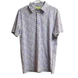 Birdie Bound Graphic Floral Print Golf Polo Shirt Purple White Yellow Small